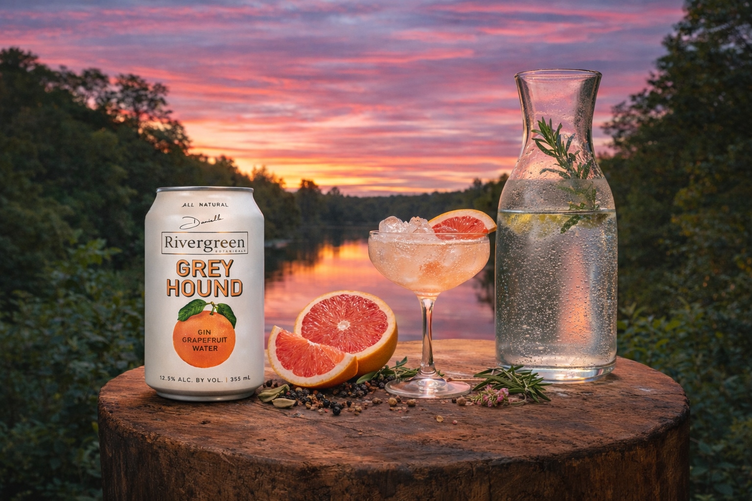 Rivergreen Greyhound can with fresh grapefruit and cocktail at sunset on the river