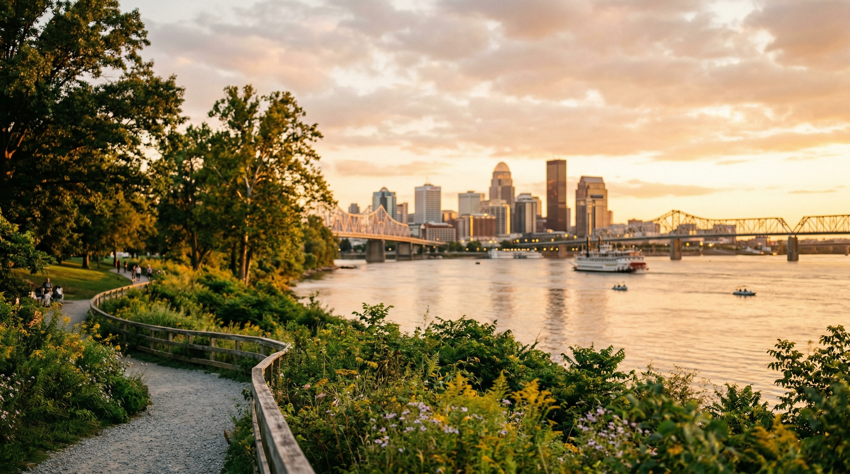 View of the Ohio River in Louisville, Kentucky at golden hour