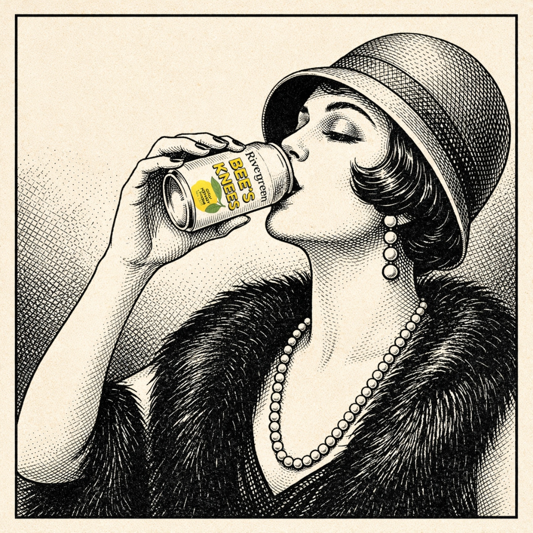 Vintage illustration of a woman drinking directly from a Rivergreen Bee's Knees can