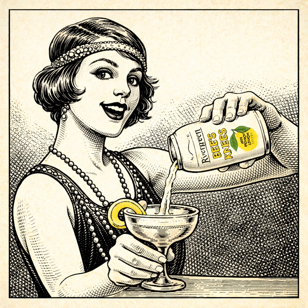 Vintage illustration of a woman pouring a Rivergreen cocktail into a coupe glass