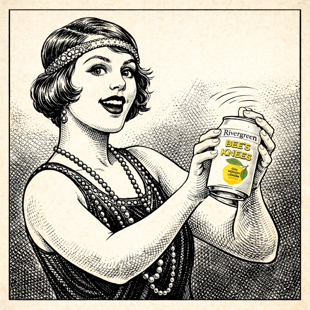 Vintage illustration of a woman shaking a Rivergreen cocktail can