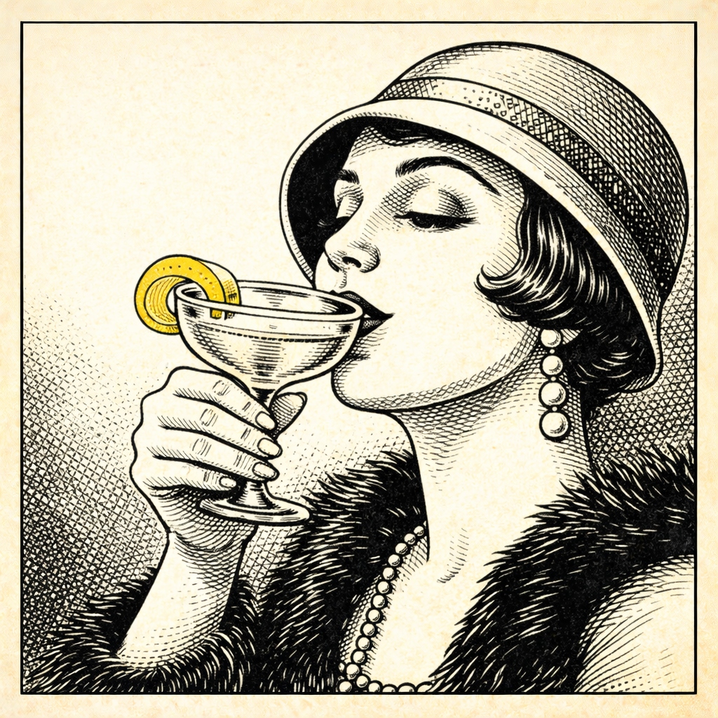 Vintage illustration of a woman sipping a cocktail from a coupe glass